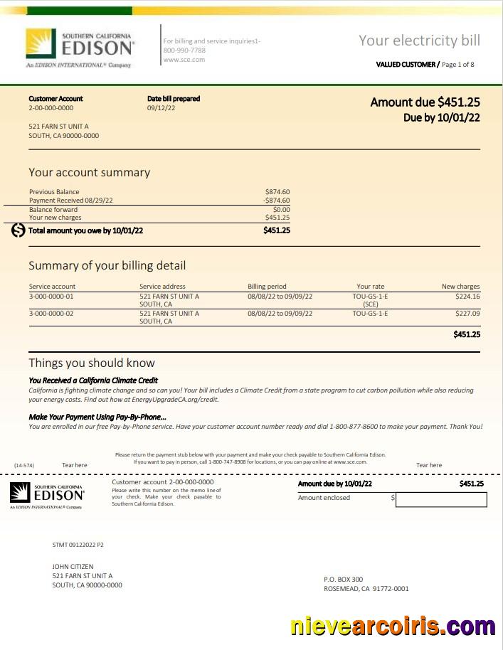 USA Southern California Edison utility bill